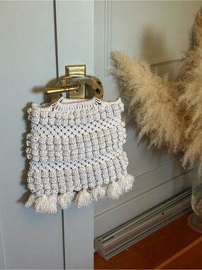 Cleobella Macrame Tote Bag Boho Woven Fringe Tortoise Handle Resort Chic